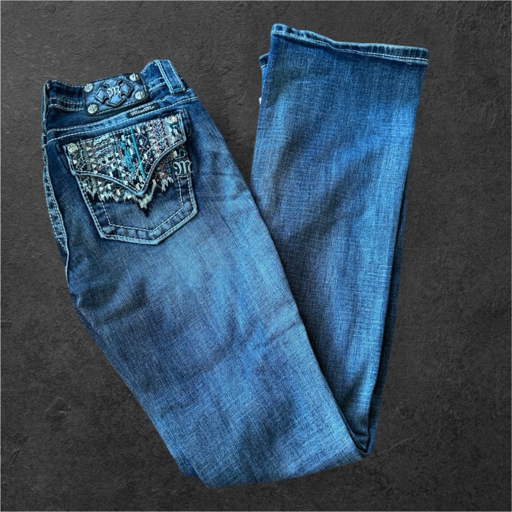 Miss Me Blue Boot Cut Jeans with Ornate Embellishments